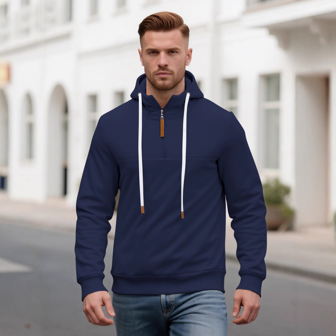 Herren Halbzip-Kapuzenpullover mit Stehkragen, Kordelzug und Lederdetails Shop Nory