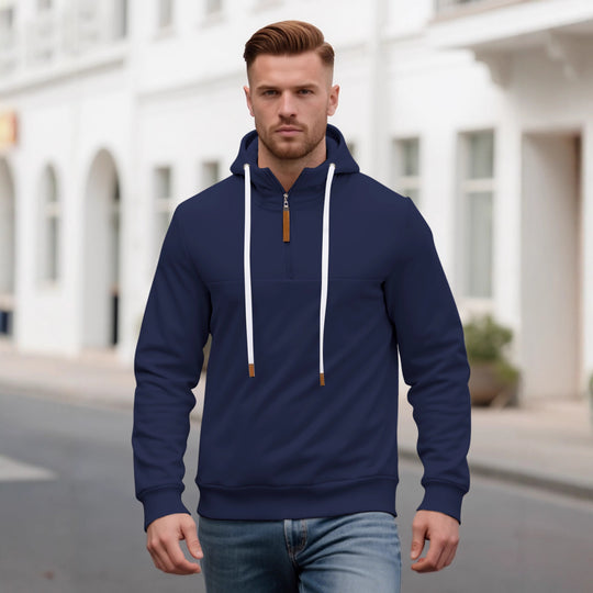Herren Halbzip-Kapuzenpullover mit Stehkragen, Kordelzug und Lederdetails Shop Nory