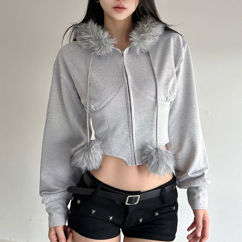 Damen nan kurzes Kapuzen‑Sweatshirt mit Kunstfellbesatz, Reißverschluss und Pompon-Kordeln Shop Nory