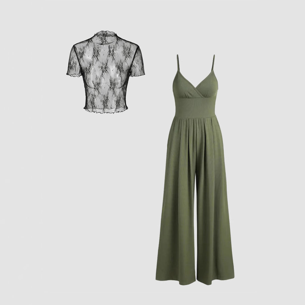 Damen elegantes V-Ausschnitt Jumpsuit mit transparenter Bluse