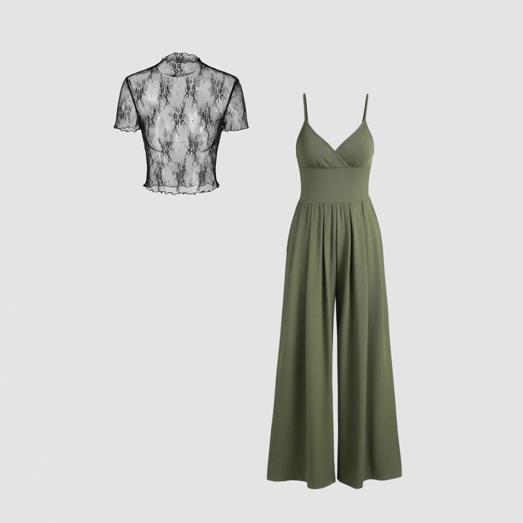 Damen elegantes V-Ausschnitt Jumpsuit mit transparenter Bluse