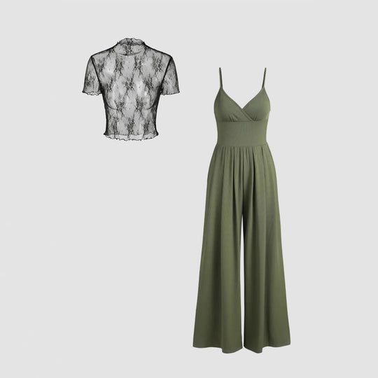 Damen elegantes V-Ausschnitt Jumpsuit mit transparenter Bluse