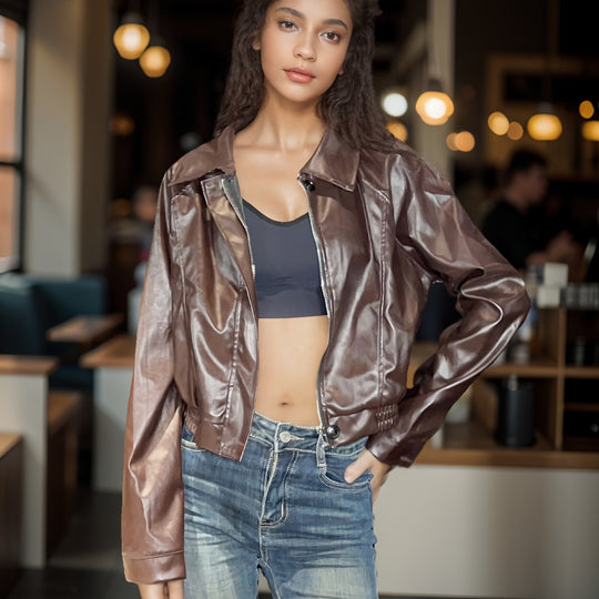 Damen Kurz geschnittene PU-Jacke im Blouson-Stil mit Hemdkragen und tailliertem Gummibund Shop Nory
