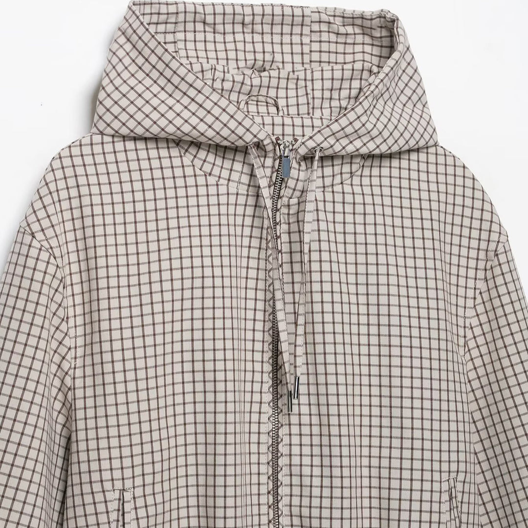 Damen Leichte Kapuzenjacke im Karomuster mit Tunnelzugsaum und Elastikbündchen Shop Nory