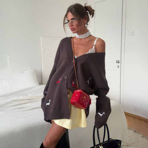 Damen Oversized Strickcardigan mit gestickten Dackelmotiven Shop Nory