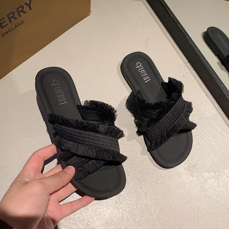 Damen Pantolette mit fransigem Design und softer Innensohle