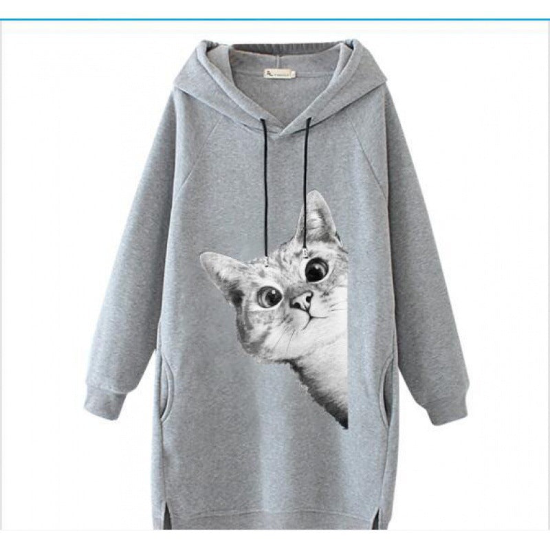 Damen Oversize Kapuzenkleid aus Sweat mit großem Katzenprint und Seitentaschen Shop Nory
