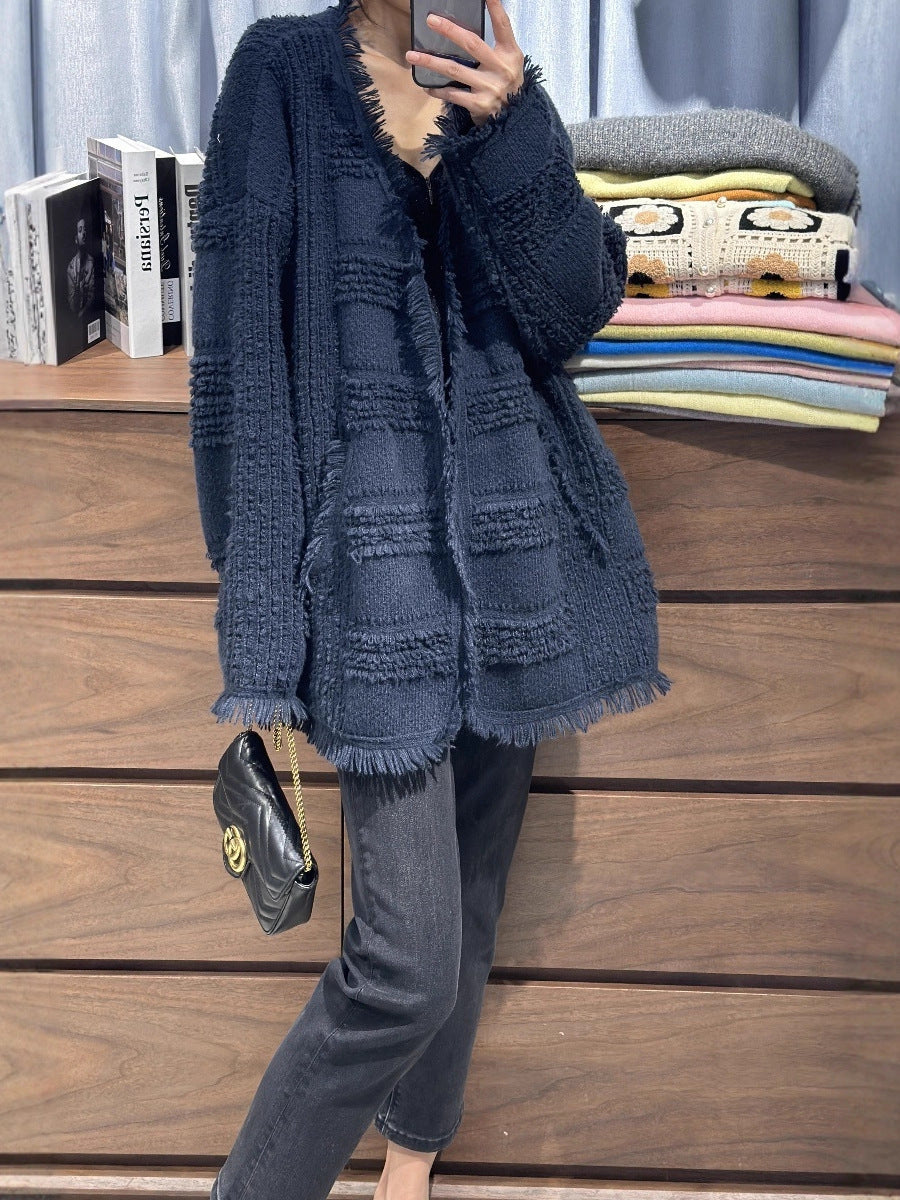 Damen Oversize Strickcardigan mit strukturierter Karomuster‑Optik, Fransen und Eingrifftaschen Shop Nory