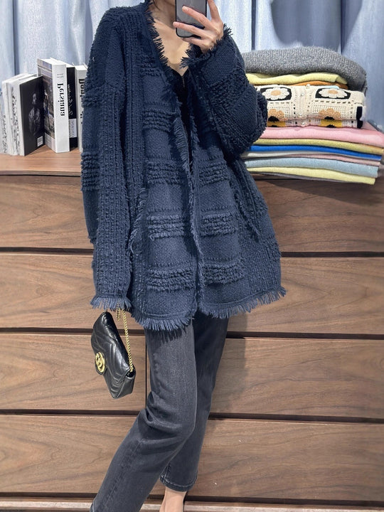 Damen Oversize Strickcardigan mit strukturierter Karomuster‑Optik, Fransen und Eingrifftaschen Shop Nory