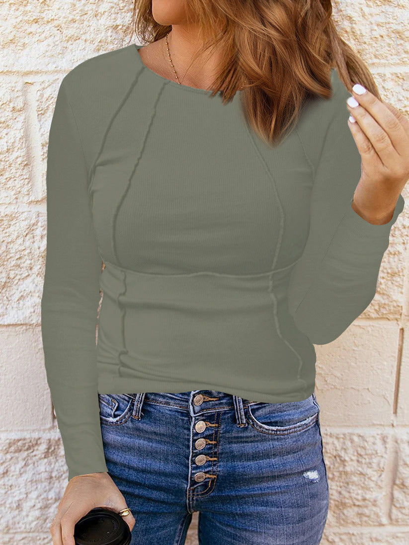 Damen Figurbetont Rib Longsleeve mit Dekorativen Nähten Shop Nory