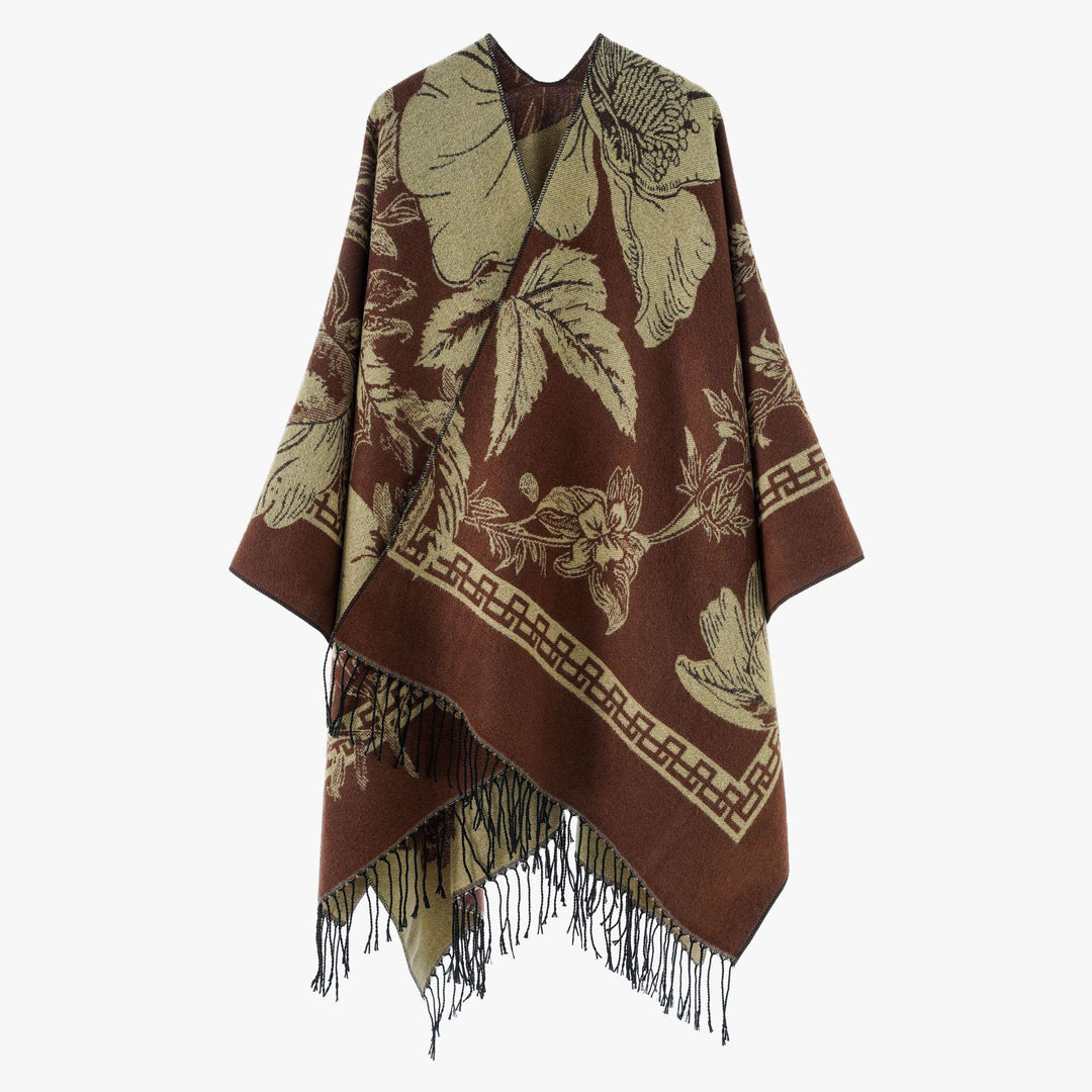 Damen Wendbarer Strickcape-Poncho mit Fransen und kontrastierenden Streifen Shop Nory
