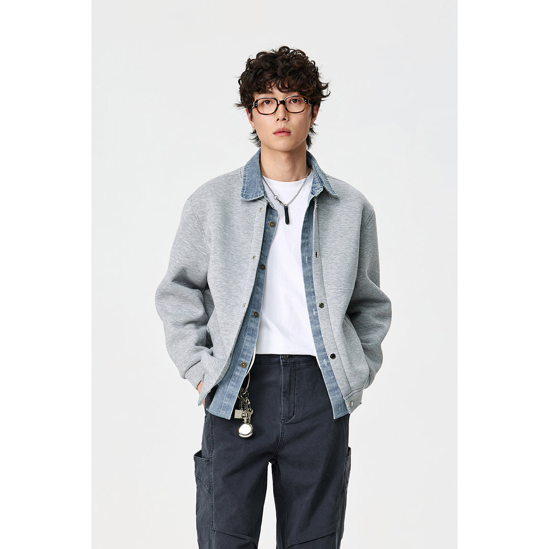 Unisex Lagenlook-Boxy Blouson mit integriertem Denim-Kragen und Druckknopfleiste Shop Nory