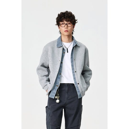 Unisex Lagenlook-Boxy Blouson mit integriertem Denim-Kragen und Druckknopfleiste Shop Nory