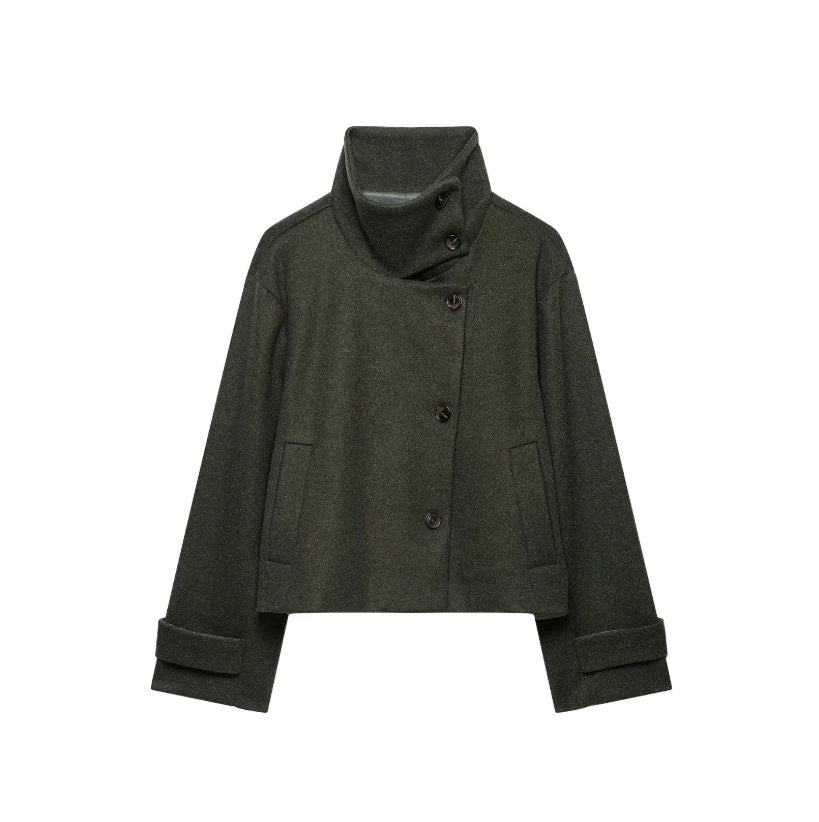 Damen Cropped Wollmix-Kurzjacke mit hohem Stehkragen, asymmetrischer Knopfleiste und Krempelmanschetten Shop Nory