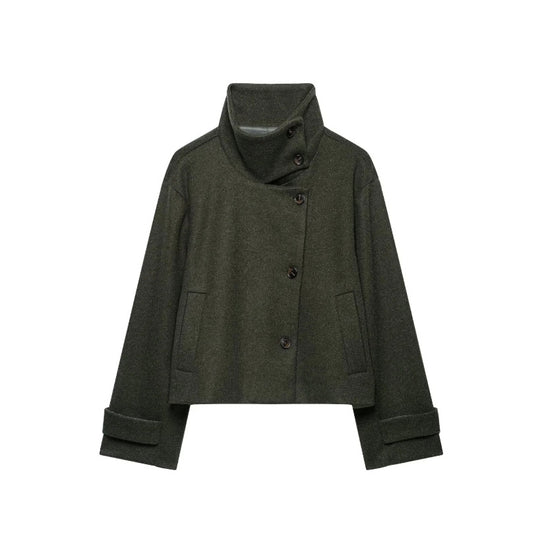Damen Cropped Wollmix-Kurzjacke mit hohem Stehkragen, asymmetrischer Knopfleiste und Krempelmanschetten Shop Nory