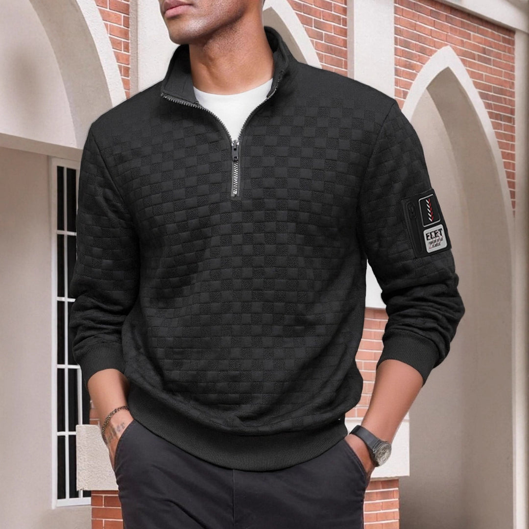 Herren strukturierter Stehkragen-Halbzip-Pullover mit Karosteppung, elastischen Bündchen und Ärmel-Patch Shop Nory