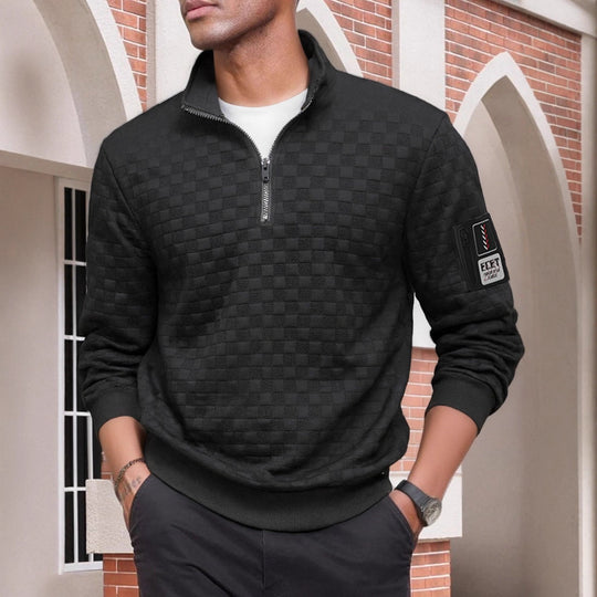 Herren strukturierter Stehkragen-Halbzip-Pullover mit Karosteppung, elastischen Bündchen und Ärmel-Patch Shop Nory