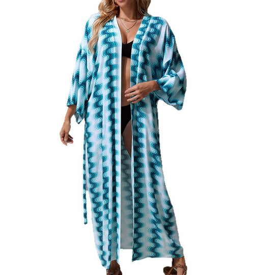 Damen Langer Strandkaftan mit V-Ausschnitt, Taillen-Bindegürtel & hohem Beinschlitz Shop Nory