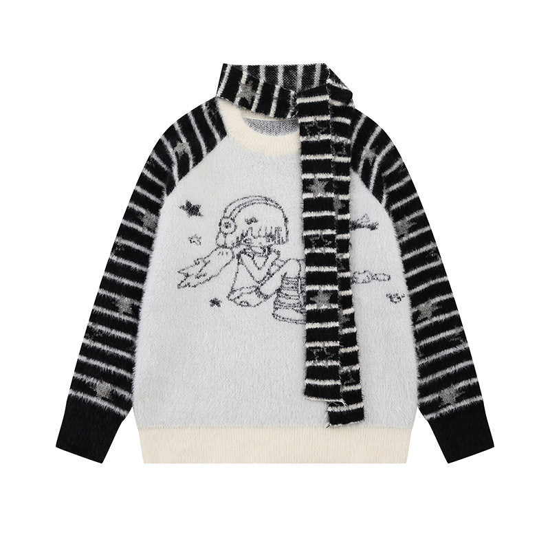 Damen Weicher Fluffy‑Strickpullover mit integrierter Schlauchschal und Manga‑Illustration Shop Nory