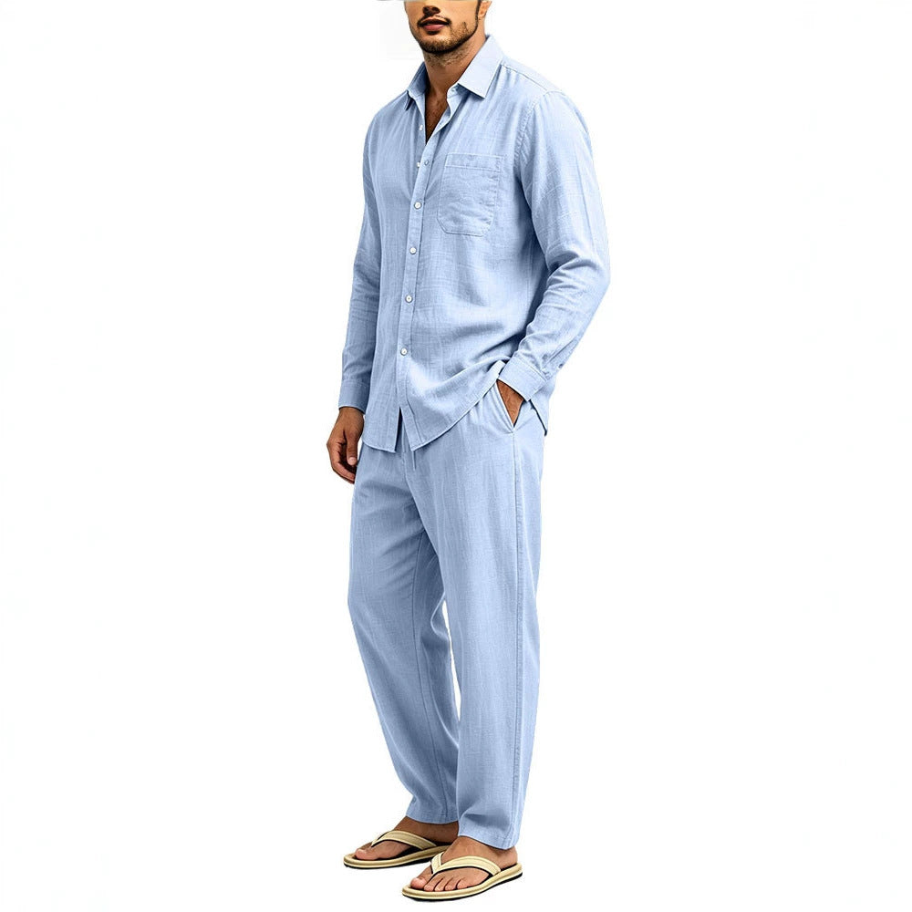 Herren Lässiges Zweiteiliges Freizeitset in Leinenoptik mit Knopfhemd und weiter Bundhose Shop Nory