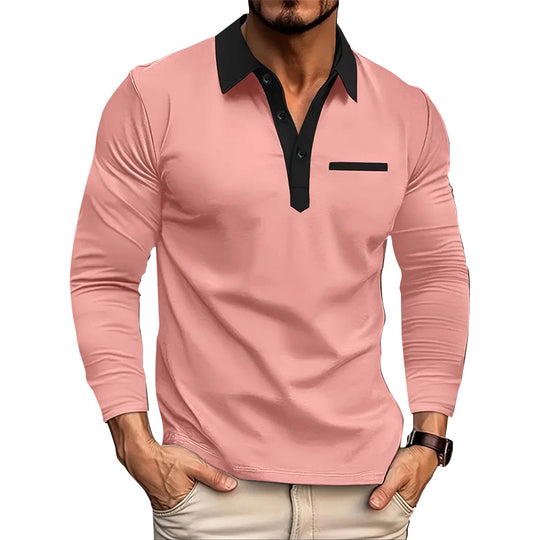 Herren nan stretchiges Langarm-Polo mit kontrastierter Knopfleiste und Brustblende Shop Nory