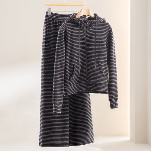 Damen Gestreifte Samt-Fleece Kapuzenjacke mit Reißverschluss und Kängurutaschen Shop Nory