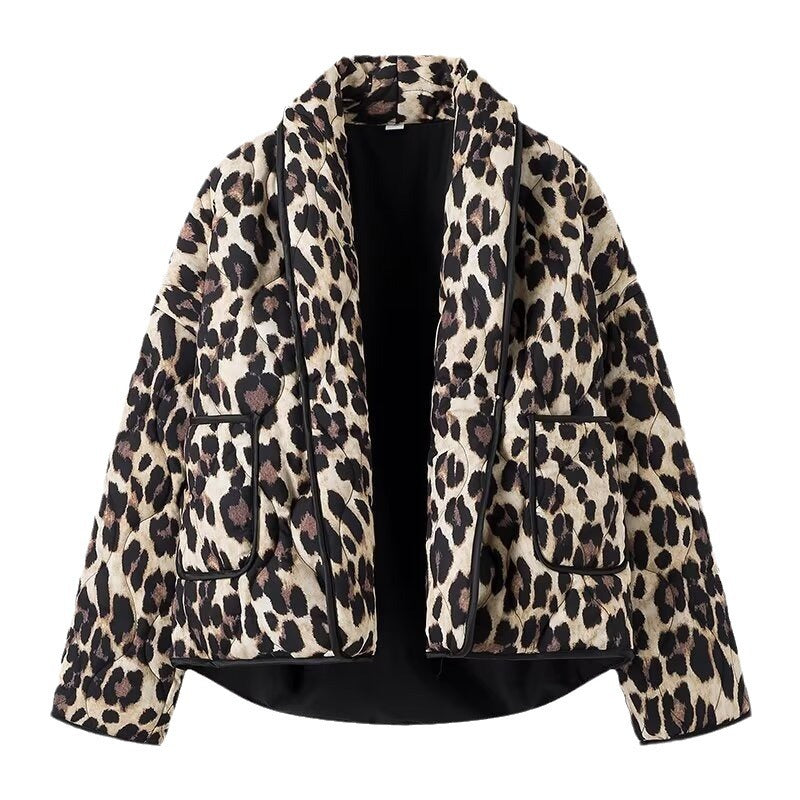 Damen Gefütterte Kurzjacke im Leopardenmuster mit Schalkragen und Paspelierung Shop Nory