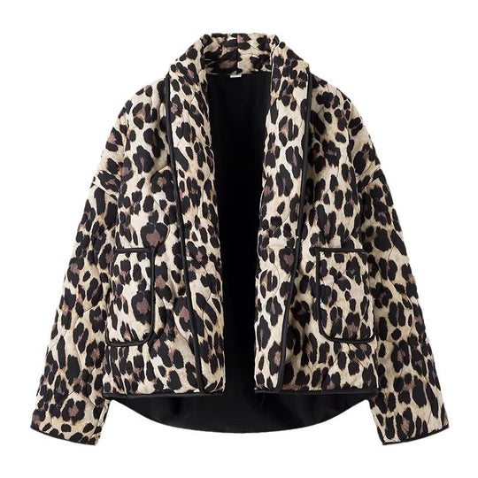 Damen Gefütterte Kurzjacke im Leopardenmuster mit Schalkragen und Paspelierung Shop Nory