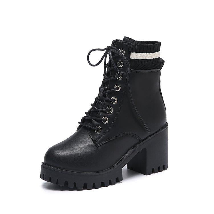 Damen Schnürstiefel mit robustem Blockabsatz und elastischem Strickkragen
