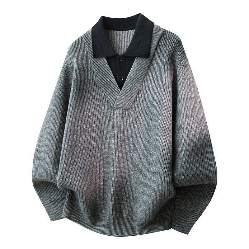 Damen Modischer Grobstrickpullover mit V-Ausschnitt und Kragen Shop Nory