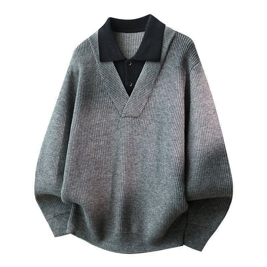 Damen Modischer Grobstrickpullover mit V-Ausschnitt und Kragen Shop Nory