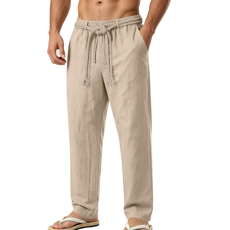Herren lässige Leinen-Loungehose mit elastischem Bund, dekorativem Seilgürtel und Seitentaschen Shop Nory