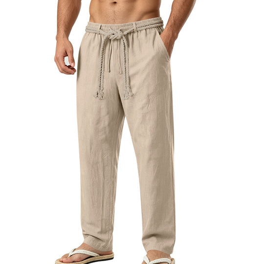 Herren lässige Leinen-Loungehose mit elastischem Bund, dekorativem Seilgürtel und Seitentaschen Shop Nory