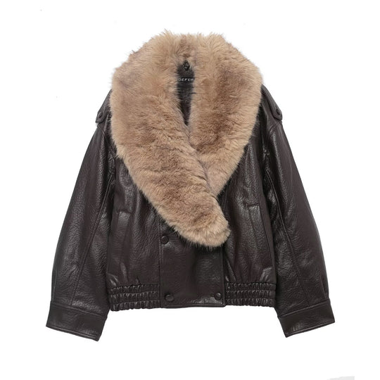 Damen Kurze Lederblousonjacke mit XXL-Fellkragen Shop Nory