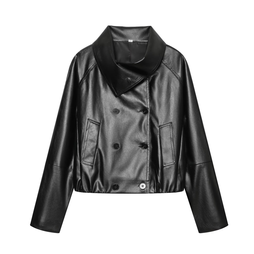 Damen Cropped Kunstlederjacke mit weitem Funnelkragen und doppelreihiger Knopfleiste Shop Nory