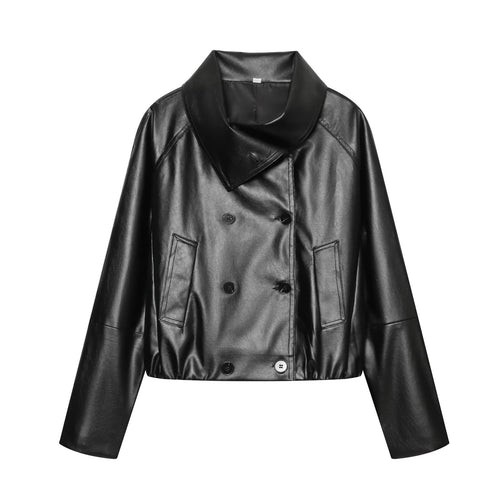 Damen Cropped Kunstlederjacke mit weitem Funnelkragen und doppelreihiger Knopfleiste Shop Nory