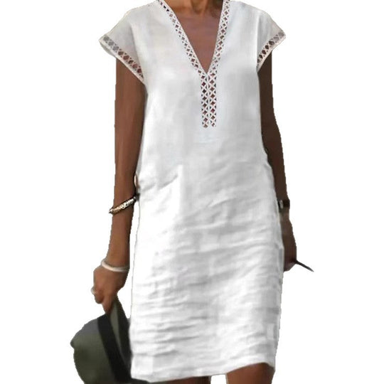 Damen nan leichtes Leinen-Kaftankleid mit V-Ausschnitt und Ajourbesatz