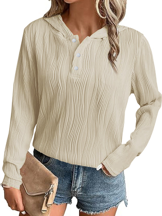 Damen Geripptes Kapuzen-Henleyshirt mit Knopfleiste und leichter Struktur Shop Nory