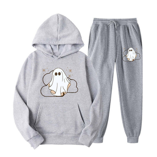 Unisex kuscheliger Kapuzenpullover und Jogginghose Set mit Halloween-Geistprint Shop Nory