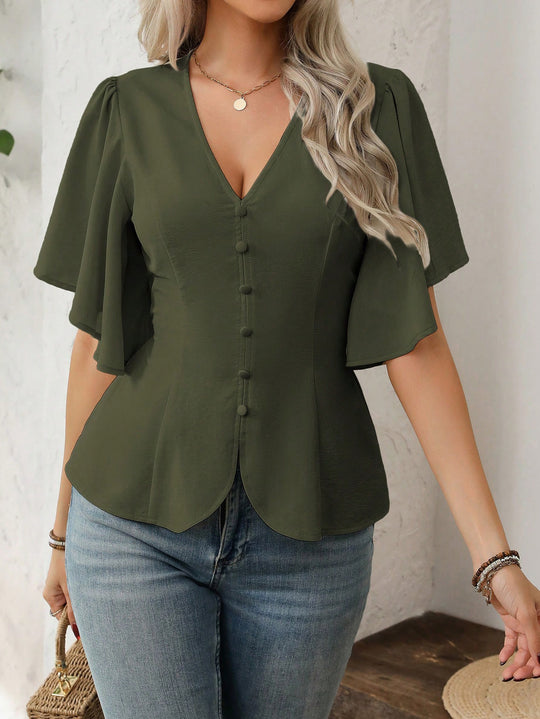 Damen V-Ausschnitt taillierte Bluse mit Schößchen und Volantärmeln Shop Nory