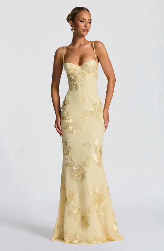 Damen figurbetontes Abendkleid mit floralem Stickdesign und hochwertigem Stoff