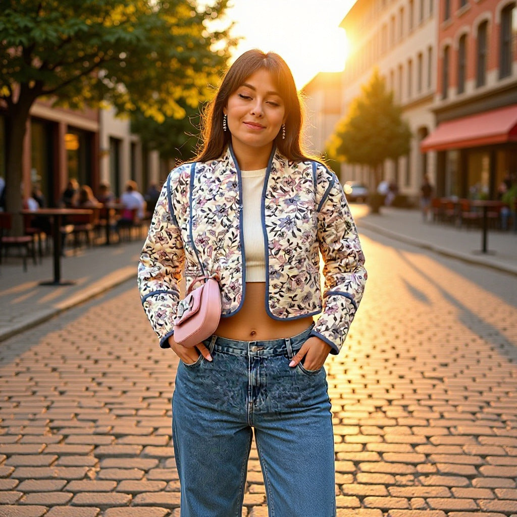 Damen Kurz geschnittene gesteppte Blousonjacke mit floraler Stickerei und Kontrastpaspel Shop Nory