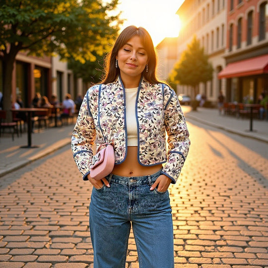 Damen Kurz geschnittene gesteppte Blousonjacke mit floraler Stickerei und Kontrastpaspel Shop Nory