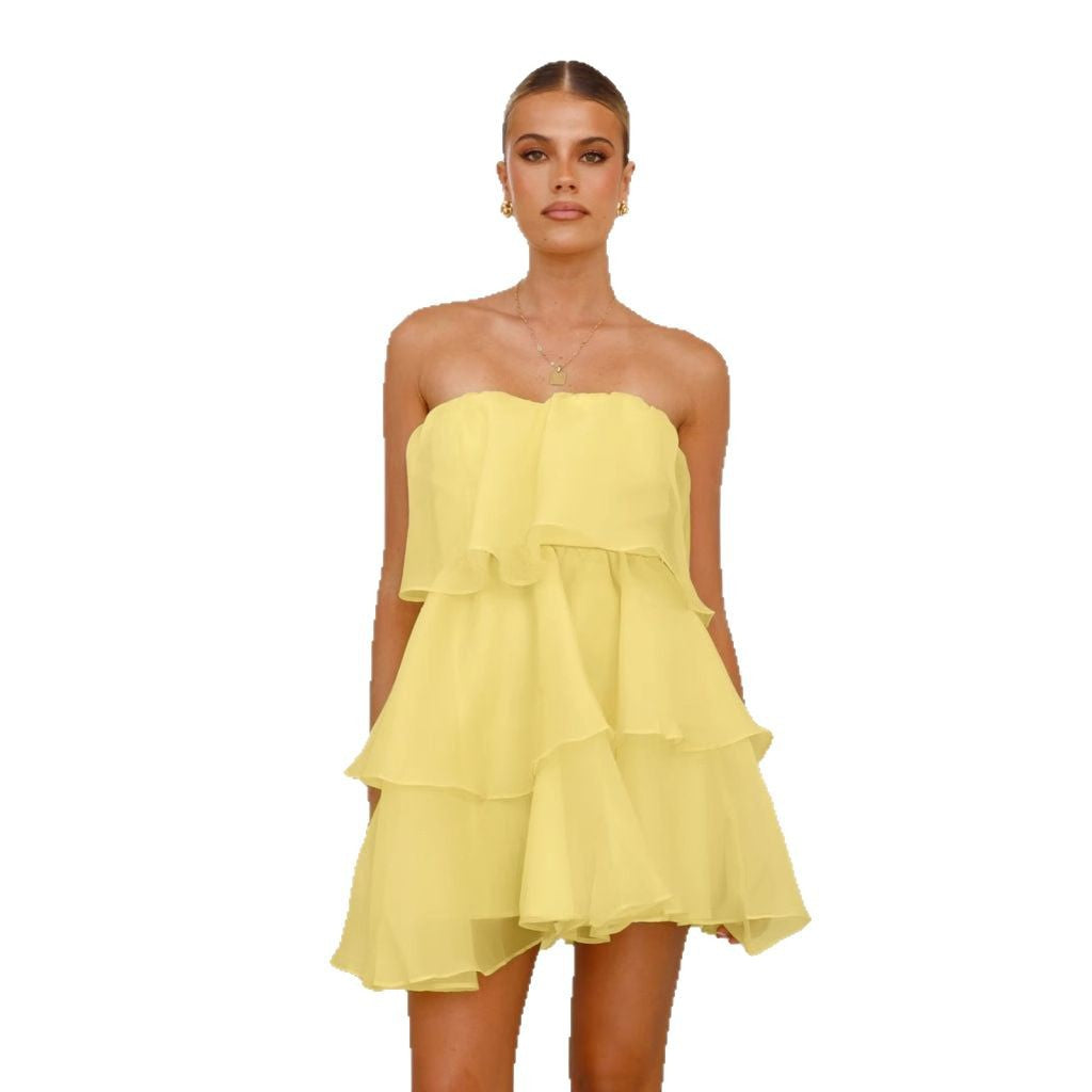 Damen luftiger Trendkleid mit Volant und schulterfreiem Design