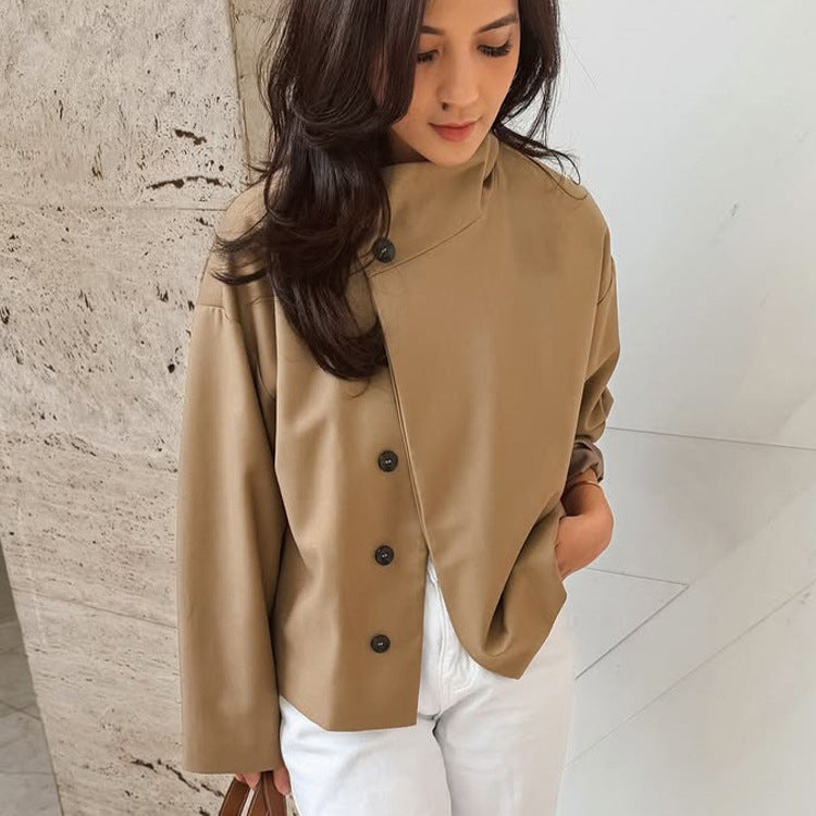 Damen Kurz geschnittene A-Linien Manteljacke mit Stehkragen und asymmetrischer Knopfleiste Shop Nory