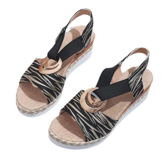 Damen Keil-Sandalen mit Metallic-Optik, dekorativem Ring und Elastik-Fersenriemen Shop Nory