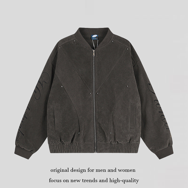Damen Oversize-Bomberjacke im Velours-Look mit Script-Ärmeln und Metallnieten Shop Nory