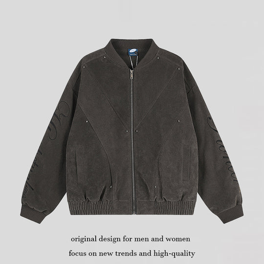 Damen Oversize-Bomberjacke im Velours-Look mit Script-Ärmeln und Metallnieten Shop Nory