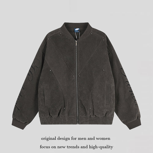 Damen Oversize-Bomberjacke im Velours-Look mit Script-Ärmeln und Metallnieten Shop Nory