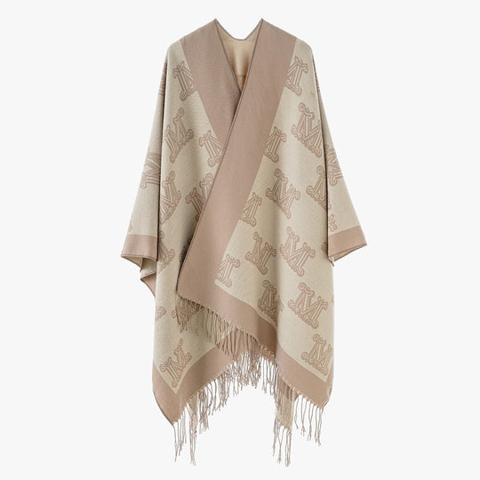 Damen Grobgewebter Poncho im Kimono-Schnitt mit Monogramm-Jacquard und Fransensaum Shop Nory